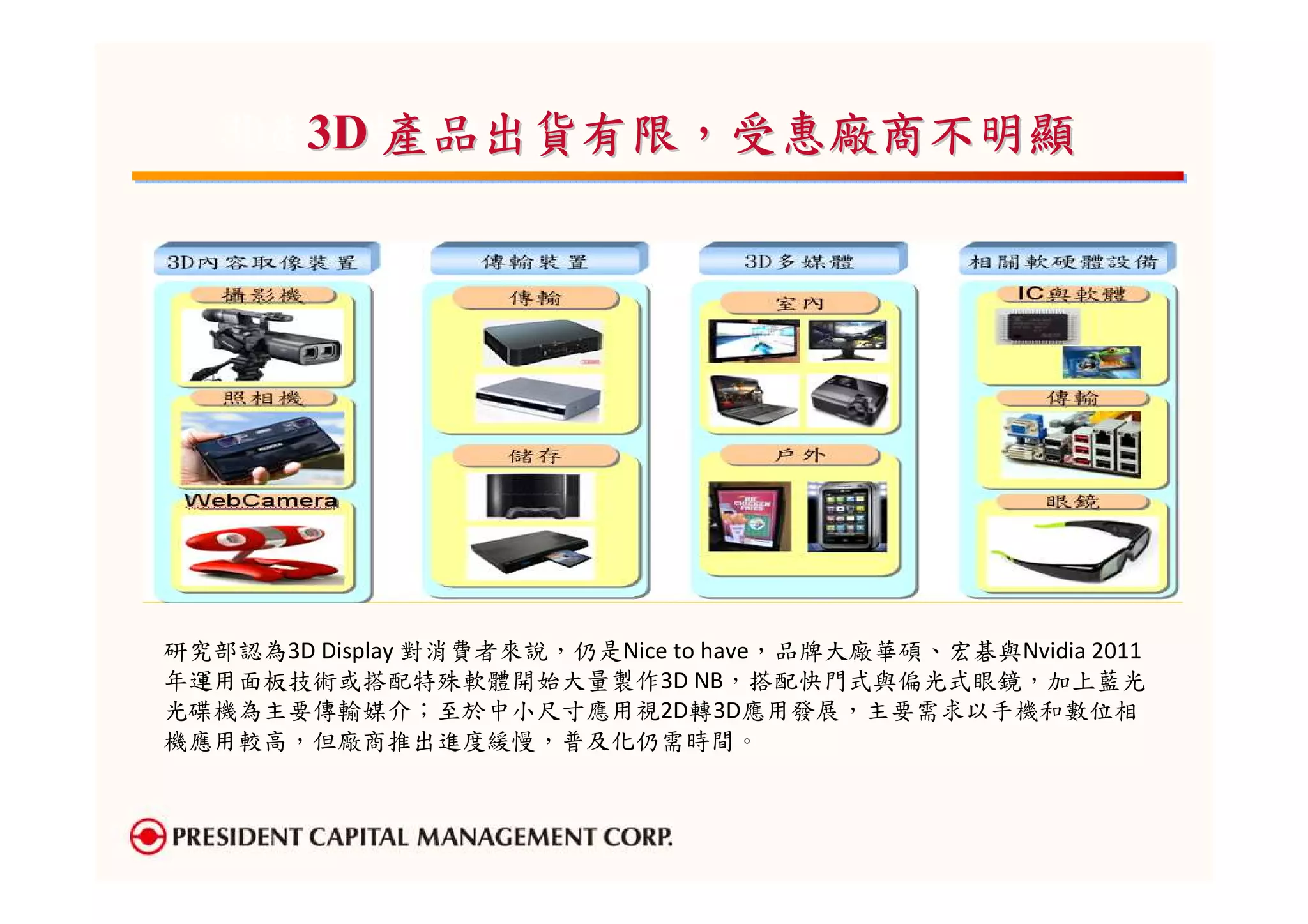 產品出貨有限，
      3D 產品出貨有限，受惠廠商不明顯
   3D產業供應鏈




研究部認為3D Display 對消費者來說，仍是Nice to have，品牌大廠華碩、宏碁與Nvidia 2011
年運用面板技術或搭配特殊軟體開始大量製作3D NB，搭配快門式與偏光式眼鏡，加上藍光
光碟機為主要傳輸媒介；至於中小尺寸應用視2D轉3D應用發展，主要需求以手機和數位相
機應用較高，但廠商推出進度緩慢，普及化仍需時間。
 