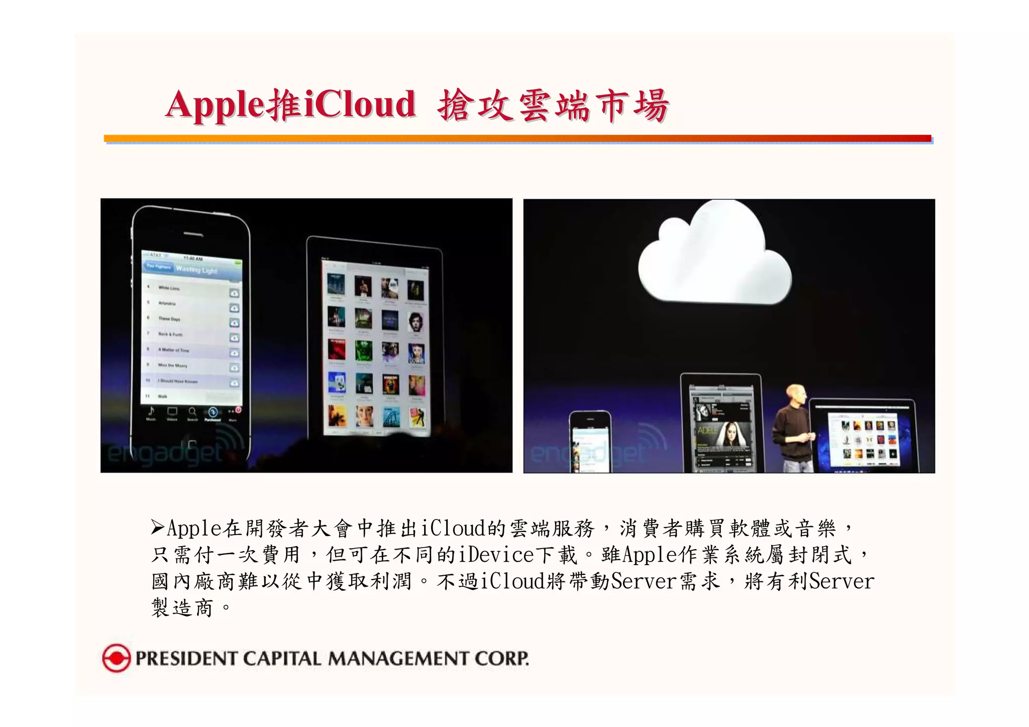 Apple推iCloud 搶攻雲端市場




 Apple在開發者大會中推出iCloud的雲端服務，消費者購買軟體或音樂，
只需付一次費用，但可在不同的iDevice下載。雖Apple作業系統屬封閉式，
國內廠商難以從中獲取利潤。不過iCloud將帶動Server需求，將有利Server
製造商。
 