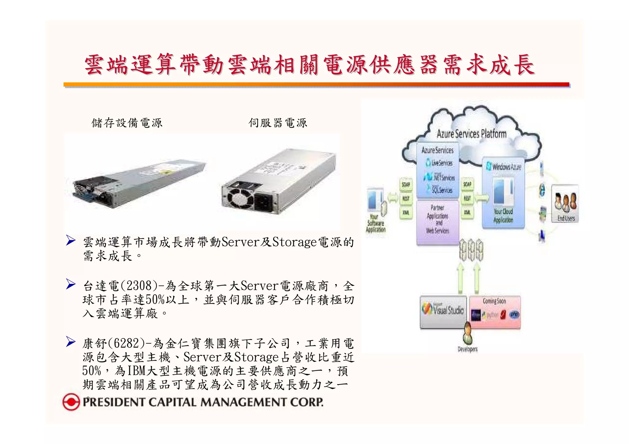 雲端運算帶動雲端相關電源供應器需求成長

儲存設備電源           伺服器電源




雲端運算市場成長將帶動Server及Storage電源的
需求成長。

台達電(2308)-為全球第一大Server電源廠商，全
球市占率達50%以上，並與伺服器客戶合作積極切
入雲端運算廠。

康舒(6282)-為金仁寶集團旗下子公司，工業用電
源包含大型主機、Server及Storage占營收比重近
50%，為IBM大型主機電源的主要供應商之ㄧ，預
期雲端相關產品可望成為公司營收成長動力之ㄧ
。
 