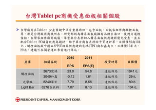 台灣Tablet pc商機受惠面板相關個股

台灣廠商在Tablet pc產業鏈中佔有重要地位，包含面板、面板零組件與觸控面板
等，都是台灣廠商商機所在。研究部認為韓系面板廠擁有品牌出海口，復甦力道較
強勁，台灣零組件廠商瑞儀、華宏與台表科切入韓系面板供應鏈將優先受惠，並且
配合Tablet PC舖貨效應為題材，給予華宏與台表科給予買進評等，目標價89與104
元；觸控面板廠中則以APPLE相關供應鏈的宸鴻(TPK)與和鑫為主，目標價1041元、
29元，建議可在3Q營運旺季前進行佈局。

                      2010     2011
  產業        相關各股                       投資評等   目標價
                      EPS     EPS(E)
            3673宸鴻    23.0     54.8    逢低佈局   1041元
觸控面板
            3049和鑫    -0.12    1.61    逢低佈局   29元
 光學膜        8240華宏    7.79     8.68    逢低佈局   89元
Light Bar   6278台表科   7.07     8.13    逢低佈局   104元
 