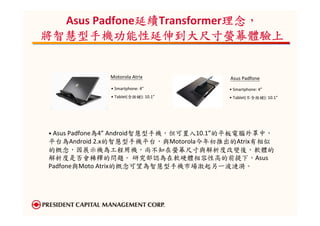 延續Transformer理念，
              延續
  Asus Padfone延續           理念，
                           理念
將智慧型手機功能性延伸到大尺寸螢幕體驗上


             Motorola Atrix            Asus Padfone
             • Smartphone: 4”          • Smartphone: 4”
             • Tablet(含按鍵): 10.1”      • Tablet(不含按鍵): 10.1”




• Asus Padfone為4” Android智慧型手機，但可置入10.1”的平板電腦外罩中，
平台為Android 2.x的智慧型手機平台，與Motorola今年初推出的Atrix有相似
的概念，因展示機為工程用機，尚不知在螢幕尺寸與解析度改變後，軟體的
解析度是否會稀釋的問題。 研究部認為在軟硬體相容性高的前提下，Asus
Padfone與Moto Atrix的概念可望為智慧型手機市場激起另一波漣漪。
 