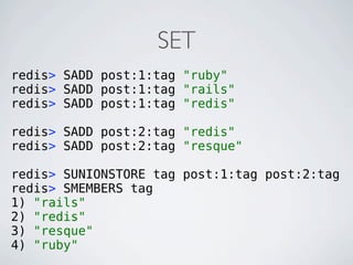 SET
redis> SADD post:1:tag "ruby"
redis> SADD post:1:tag "rails"
redis> SADD post:1:tag "redis"

redis> SADD post:2:tag "redis"
redis> SADD post:2:tag "resque"

redis> SUNIONSTORE tag post:1:tag post:2:tag
redis> SMEMBERS tag
1) "rails"
2) "redis"
3) "resque"
4) "ruby"
 