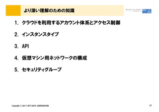 より深い理解のための知識

  1. クラウドを利用するアカウント体系とアクセス制御

  2. インスタンスタイプ

  3. API

  4. 仮想マシン用ネットワークの構成

  5. セキュリティグループ




Copyright &copy; 2011 NTT DATA CORPORATION   27
 