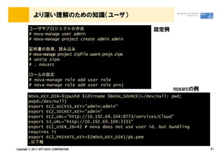 より深い理解のための知識（ユーザ）

        ユーザやプロジェクトの作成                                    設定例
        # nova-manage user admin
        # nova-manage project create admin admin

        証明書の取得、読み込み
        # nova-manage project zipfile userA projA zipA
        # unzip zipA
        # . novarc

        ロールの設定
        # nova-manage role add user role
        # nova-manage role add user role proj
                                                                novarcの例
        NOVA_KEY_DIR=$(pushd $(dirname $BASH_SOURCE)>/dev/null; pwd;
        popd>/dev/null)
        export EC2_ACCESS_KEY="admin:admin"
        export EC2_SECRET_KEY="admin"
        export EC2_URL="http://10.192.69.104:8773/services/Cloud"
        export S3_URL="http://10.192.69.104:3333"
        export EC2_USER_ID=42 # nova does not use user id, but bundling
        requires it
        export EC2_PRIVATE_KEY=${NOVA_KEY_DIR}/pk.pem
        &hellip;以下略
Copyright &copy; 2011 NTT DATA CORPORATION                                      31
 
