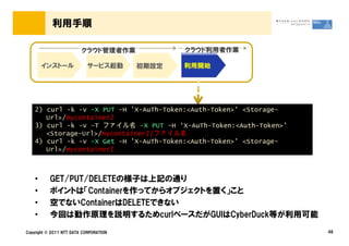 利用手順

                         クラウド管理者作業             クラウド利用者作業

        インストール              サービス起動      初期設定   利用開始




    2) curl -k -v -X PUT -H 'X-AuTh-Token:<Auth-Token>' <Storage-
       Url>/mycontainer2
    3) curl -k -v &ndash;T ファイル名 -X PUT -H &lsquo;X-AuTh-Token:<Auth-Token>&rsquo;
       <Storage-Url>/mycontainer2/ファイル名
    4) curl -k -v -X Get -H 'X-AuTh-Token:<Auth-Token>' <Storage-
       Url>/mycontainer2



    &bull;     GET/PUT/DELETEの様子は上記の通り
    &bull;     ポイントは「Containerを作ってからオブジェクトを置く」こと
    &bull;     空でないContainerはDELETEできない
    &bull;     今回は動作原理を説明するためcurlベースだがGUIはCyberDuck等が利用可能

Copyright &copy; 2011 NTT DATA CORPORATION                               48
 
