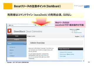 Bexarリリースの注目ポイント（DashBoard）


利用者はコマンドライン(euca2ools)の利用必須。GUIなし
利用者はコマンドライン(euca2ools)の利用必須。GUIなし

                                        WebベースのGUI
                                        WebベースのGUI
                                        euca2oolsで行う基本操作が可能
                                        euca2oolsで行う基本操作が可能




Copyright &copy; 2011 NTT DATA CORPORATION                         51
 