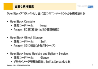 主要な構成要素

OpenStackプロジェクトは、主に三つのコンポーネントから構成される

&bull; OpenStack Compute
   &bull; 開発コードネーム：       Nova
   &bull; Amazon EC2に相当（IaaSの管理機能）

&bull; OpenStack Object Storage
   &bull; 開発コードネーム：           Swift
   &bull; Amazon S3に相当（分散ストレージ）

&bull; OpenStack Image Registry and Delivery Service
   &bull; 開発コードネーム：           Glance
   &bull; ＶＭのイメージ管理を担当。Swiftとのproxyとなる
Copyright &copy; 2011 NTT DATA CORPORATION             7
 
