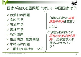 国家が抱える諸問題に対して..中国国家は？
     砂漠化の問題
                                             「漢麻」を通じた国家
     食料不足
                                             課題の解決を模索！
     石油不足
                                             さらに、
     森林不足
                                             「漢麻」を原料とした
     原料問題                                   固有の産業技術を開
     格差問題、農業問題                              発し、国家競争力を
     水枯渇の問題
                                             強化しようとしてい
                                             る！
     二酸化炭素対策 など
Copyright(C)2011 YOUNGOR TRADING CO., LTD.
                                                          12
 