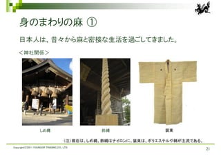 身のまわりの麻 ①
    日本人は、昔々から麻と密接な生活を過ごしてきました。
   ＜神社関係＞




                    しめ縄                         鈴縄                装束

                                      （注）現在は、しめ縄、鈴縄はナイロンに、装束は、ポリエステルや綿が主流である。
Copyright(C)2011 YOUNGOR TRADING CO., LTD.
                                                                                21
 
