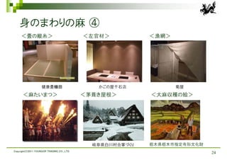 身のまわりの麻 ④
     ＜畳の縦糸＞                                  ＜左官材＞           ＜漁網＞




                    健康畳植田                       かごの屋千石店             菊屋
      ＜麻たいまつ＞                                ＜茅葺き屋根＞         ＜大麻収穫の絵＞




                                               岐阜県白川村合掌づくり   栃木県栃木市指定有形文化財
Copyright(C)2011 YOUNGOR TRADING CO., LTD.
                                                                             24
 