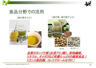 食品分野での活用
                   ［麻の実オイル］                   ［麻の実、麻の実ナッツ］




                                                  麻の実   麻の実ナッツ


                                     良質のタンパク質（必須アミノ酸）、食物繊維、
                                     ミネラル、オメガ３など栄養たっぷりの健康食品！
                                     トランス脂肪酸、コレステロールはゼロ！
Copyright(C)2011 YOUNGOR TRADING CO., LTD.
                                                                 32
 