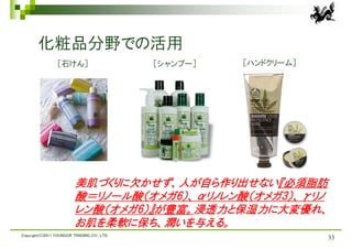 化粧品分野での活用
                 ［石けん］                       ［シャンプー］   ［ハンドクリーム］




                         美肌づくりに欠かせず、人が自ら作り出せない『必須脂肪
                         酸＝リノール酸（オメガ6）、αリノレン酸（オメガ3）、γリノ
                         レン酸（オメガ6）』が豊富。浸透力と保湿力に大変優れ、
                         お肌を柔軟に保ち、潤いを与える。
Copyright(C)2011 YOUNGOR TRADING CO., LTD.
                                                                   33
 