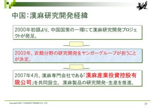 中国：漢麻研究開発経緯
     2000年初頭より、中国国策の一環にて漢麻研究開発プロジェ
     クトが発足。


     2003年、衣類分野の研究開発をヤンガーグループが担うこと
     が決定。


     2007年4月、漢麻専門会社である「漢麻産業投資控股有
     限公司」を共同設立。 漢麻製品の研究開発・生産を推進。


Copyright(C)2011 YOUNGOR TRADING CO., LTD.
                                             37
 