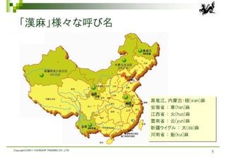 「漢麻」様々な呼び名




                                             黒竜江、内蒙古：綫(xian)麻
                                             黒竜江、内蒙古：綫(xian)麻
                                             安徽省 ： 寒(han)麻
                                             安徽省 ： 寒(han)麻
                                             江西省 ： 火(huo)麻
                                             江西省 ： 火(huo)麻
                                             雲南省 ： 云(yun)麻
                                             雲南省 ： 云(yun)麻
                                             新疆ウイグル ： 大(da)麻
                                             新疆ウイグル ： 大(da)麻
                                             河南省 ： 魁(kui)麻
                                             河南省 ： 魁(kui)麻


Copyright(C)2011 YOUNGOR TRADING CO., LTD.
                                                                5
 