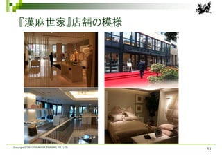 『漢麻世家』店舗の模様




Copyright(C)2011 YOUNGOR TRADING CO., LTD.
                                             53
 