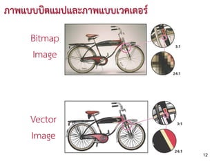 ภาพแบบบิตแมปและภาพแบบเวคเตอร

     Bitmap
     Image



     Vector
     Image
                                12
 