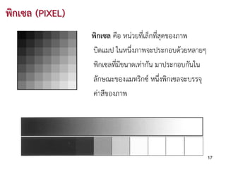 พิกเซล (PIXEL)
                 พิกเซล คือ หนวยที่เล็กที่สุดของภาพ
                 บิตแมป ในหนึ่งภาพจะประกอบดวยหลายๆ
                 พิกเซลทีมีขนาดเทากัน มาประกอบกันใน
                         ่
                 ลักษณะของแมทริกซ หนึ่งพิกเซลจะบรรจุ
                 คาสีของภาพ




                                                        17
 