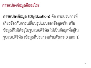 การแปลงขอมูลคืออะไร?

การแปลงขอมูล (Digitization) คือ กระบวนการที่
เกียวของกับการเปลียนรูปแบบของขอมูลจริง หรือ
   ่                   ่
ขอมูลที่ไมไดอยูในรูปแบบดิจิทัล ใหเปนขอมูลที่อยูใน
                                                      
รูปแบบดิจิทัล (ขอมูลที่ประกอบดวยตัวเลข 0 และ 1)



                                                           3
 