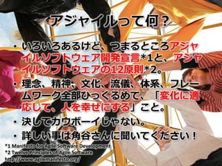 • 
                                                                ⾔言

    •                                      ⽂文

                                ⼈人
    • 
    •                                ⾓角⾕谷
*1	
  Manifesto	
  for	
  Agile	
  So2ware	
  Development	
  
*2	
  Twelve	
  Principles	
  of	
  Agile	
  So2ware	
  
h>p://www.agilemanifesto.org/	
 