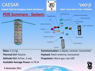 PDR Summary - System:




Mass: 3.11 kg                   Communication: 2 dipole, receiver, transmitter
Thermal Ctrl: Passive           Payload: Patch antenna, transceiver
Attitude Ctrl: Active, 3-axis   Propulsion: Warm gas, Isp=100
Available Average Power: 6.78 W

6 November 2011
 