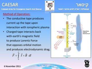 Method of Operation:
• The conductive tape produces
  current up the tape upon
  interaction with ionspheric plasma
• Charged tape interacts back
  with earth’s magnetic field
  to produce Lorentz Force
  that opposes orbital motion
  and produces electrodynamic drag.
         L  
       F      I B dl
            0


6 November 2011
 