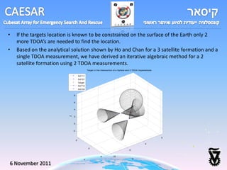 •   If the targets location is known to be constrained on the surface of the Earth only 2
    more TDOA’s are needed to find the location.
•   Based on the analytical solution shown by Ho and Chan for a 3 satellite formation and a
    single TDOA measurement, we have derived an iterative algebraic method for a 2
    satellite formation using 2 TDOA measurements.
                                                Target in the Intersection of a Sphere and 2 TDOA Hyperboloids


                                       SAT11
                                       SAT21
                                       Target
                                       SAT12
                                       SAT22


                              8


                              6


                              4
                          Z




                              2


                              0


                              -2


                                                                                                                 5
                                   5
                                                                                                       0

                                                 0
                                                                                        -5


                                                            -5          -10
                                            Y                                                X

6 November 2011
 