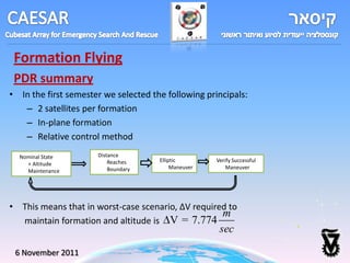 Formation Flying
 PDR summary
• In the first semester we selected the following principals:
   – 2 satellites per formation
   – In-plane formation
   – Relative control method
  Nominal State       Distance
                          Reaches     Elliptic        Verify Successful
    + Altitude
                          Boundary         Maneuver       Maneuver
    Maintenance




• This means that in worst-case scenario, ∆V required to
                                                    m
  maintain formation and altitude is V = 7.774
                                                       sec

 6 November 2011
 