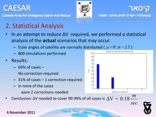 2. Statistical Analysis
• In an attempt to reduce ∆V required, we performed a statistical
  analysis of the actual scenarios that may occur.
    – Euler angles of satellite are normally distributed (    0,   2.5 )
    – 800 simulations performed
• Results:
   – 69% of cases –
     No correction required
   – 31% of cases – 1 correction required
   – In none of the cases
       were 2 corrections needed
                                                                       m
• Conclusion: ∆V needed to cover 99.99% of all cases is      V = 0.18
                                                                      sec
6 November 2011
 