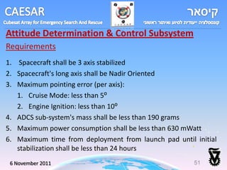 Attitude Determination & Control Subsystem
Requirements
1. Spacecraft shall be 3 axis stabilized
2. Spacecraft's long axis shall be Nadir Oriented
3. Maximum pointing error (per axis):
   1. Cruise Mode: less than 5⁰
   2. Engine Ignition: less than 10⁰
4. ADCS sub-system's mass shall be less than 190 grams
5. Maximum power consumption shall be less than 630 mWatt
6. Maximum time from deployment from launch pad until initial
   stabilization shall be less than 24 hours
 6 November 2011
 