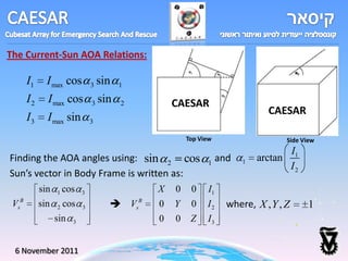 The Current-Sun AOA Relations:

       I1     I max cos         3   sin   1

       I2     I max cos         3   sin   2       CAESAR
                                                                             CAESAR
       I3     I max sin         3

                                                      Top View                    Side View
                                                                                  I1
Finding the AOA angles using: sin 2 cos                     1
                                                                 and   1   arctan
                                                                                  I2
Sun’s vector in Body Frame is written as:
            sin   1   cos   3                 X   0    0    I1
 VsB        sin   2 cos     3          VsB   0   Y    0    I2     where, X , Y , Z      1
                  sin   3                     0   0    Z    I3


 6 November 2011
 