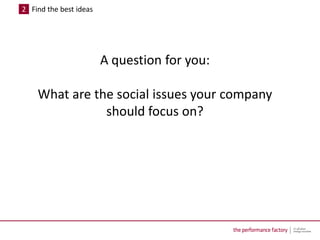 2 Find the best ideas




                        A question for you:

    What are the social issues your company
       ...