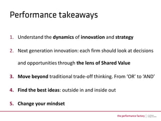 1. Understand the dynamics of innovation and strategy

2. Next generation innovation: each firm should look at decisions

   and opportunities through the lens of Shared Value

3. Move beyond traditional trade-off thinking. From ‘OR’ to ‘AND’

4. Find the best ideas: outside in and inside out

5. Change your mindset
 