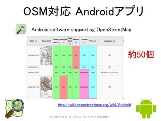 OSM対応 Androidアプリ
 Android software supporting OpenStreetMap



                                                    約50個


...