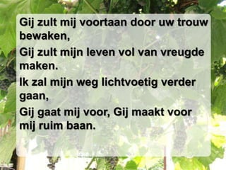 Gij zult mij voortaan door uw trouw bewaken,Gij zult mijn leven vol van vreugde maken.Ik zal mijn weg lichtvoetig verder gaan,Gij gaat mij voor, Gij maakt voor mij ruim baan.