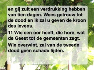 en gij zult een verdrukking hebben van tien dagen. Wees getrouw tot de dood en Ik zal u geven de kroon des levens. 11 Wie een oor heeft, die hore, wat de Geest tot de gemeenten zegt. Wie overwint, zal van de tweede dood geen schade lijden. 