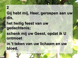 2Gij hebt mij, Heer, geroepen aan uw dis,het heilig feest van uw gedachtenis;schenk mij uw Geest, opdat ik U ontmoetin 't teken van uw lichaam en uw bloed.