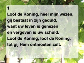 1Loof de Koning, heel mijn wezen,gij bestaat in zijn geduld,want uw leven is genezenen vergeven is uw schuld.Loof de Koning, loof de Koning,tot gij Hem ontmoeten zult.