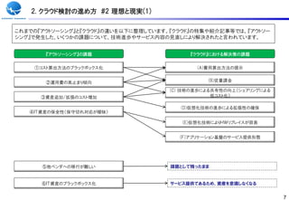 2. クラウド検討の進め方 #2 理想と現実(1)

これまでの『アウトソーシング』と『クラウド』の違いを以下に整理しています。『クラウド』の特集や紹介記事等では、『アウトソー
シング』で発生した、いくつかの課題について、技術進歩やサービス内容の見直しにより解決されたと言われています。


       『アウトソーシング』の課題                      『クラウド』における解決策の課題


    ①コスト算出方法のブラックボックス化                      (A)費用算出方法の提示


       ②運用費の高止まり傾向                             (B)従量課金

                                     (C) 技術の進歩による共有性の向上（シェアリングによる
      ③資産追加/拡張のコスト増加                             低コスト化）

                                        (D)仮想化技術の進歩による拡張性の確保
   ④ＩＴ資産の保全性（保守切れ対応が曖昧）

                                        (E)仮想化技術によりＨＷリプレイスが容易


                                       (Ｆ)アプリケーション基盤のサービス提供形態




      ⑤他ベンダへの移行が難しい                  課題として残ったまま


      ⑥ＩＴ資産のブラックボックス化                サービス提供であるため、資産を意識しなくなる


                                                                    7
 