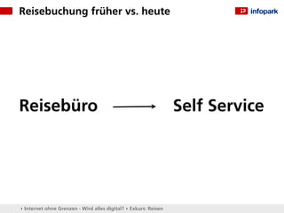 Reisebuchung früher vs. heute




Reisebüro                                                        Self Service




▸ Internet ohne Grenzen - Wird alles digital? ▸ Exkurs: Reisen
 