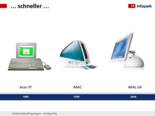 … schneller …




     Atari ST                     iMAC   iMAC G4

       1985                       1999    2004




▸ Rahmenbedingungen ▸ Endgeräte
 