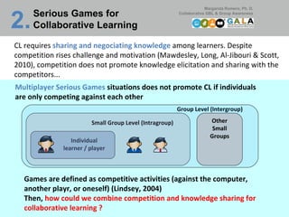CL requires  sharing and negociating knowledge  among learners. Despite competition rises challenge and motivation (Mawdesley, Long, Al-Jibouri & Scott, 2010), competition does not promote knowledge elicitation and sharing with the competitors...  Multiplayer Serious Games  situations does not promote CL if individuals are only competing against each other Serious Games for Collaborative Learning 2.   Individual learner / player Small Group Level (Intragroup)  Group Level (Intergroup)  Other Small Groups Games are defined as competitive activities (against the computer, another playr, or oneself) (Lindsey, 2004) Then,  how could we combine competition and knowledge sharing for collaborative learning ? 