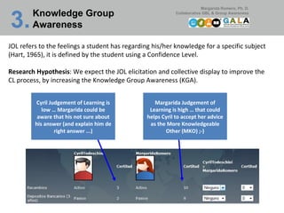 Knowledge Group Awareness 3.   Cyril Judgement of Learning is low … Margarida could be aware that his not sure about his answer (and explain him de right answer ...) Margarida Judgement of Learning is high … that could helps Cyril to accept her advice as the More Knowledgeable Other (MKO) ;-) JOL refers to the feelings a student has regarding his/her knowledge for a specific subject (Hart, 1965), it is defined by the student using a Confidence Level. Research Hypothesis : We expect the JOL elicitation and collective display to improve the CL process, by increasing the Knowledge Group Awareness (KGA). 