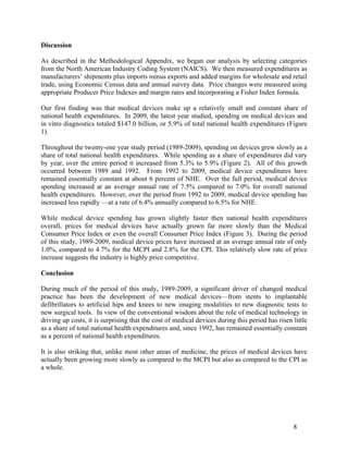 Discussion
As described in the Methodological Appendix, we began our analysis by selecting categories
from the North American Industry Coding System (NAICS). We then measured expenditures as
manufacturers’ shipments plus imports minus exports and added margins for wholesale and retail
trade, using Economic Census data and annual survey data. Price changes were measured using
appropriate Producer Price Indexes and margin rates and incorporating a Fisher Index formula.
Our first finding was that medical devices make up a relatively small and constant share of
national health expenditures. In 2009, the latest year studied, spending on medical devices and
in vitro diagnostics totaled $147.0 billion, or 5.9% of total national health expenditures (Figure
1).
Throughout the twenty-one year study period (1989-2009), spending on devices grew slowly as a
share of total national health expenditures. While spending as a share of expenditures did vary
by year, over the entire period it increased from 5.3% to 5.9% (Figure 2). All of this growth
occurred between 1989 and 1992. From 1992 to 2009, medical device expenditures have
remained essentially constant at about 6 percent of NHE. Over the full period, medical device
spending increased at an average annual rate of 7.5% compared to 7.0% for overall national
health expenditures. However, over the period from 1992 to 2009, medical device spending has
increased less rapidly —at a rate of 6.4% annually compared to 6.5% for NHE.
While medical device spending has grown slightly faster then national health expenditures
overall, prices for medical devices have actually grown far more slowly than the Medical
Consumer Price Index or even the overall Consumer Price Index (Figure 3). During the period
of this study, 1989-2009, medical device prices have increased at an average annual rate of only
1.0%, compared to 4.7% for the MCPI and 2.8% for the CPI. This relatively slow rate of price
increase suggests the industry is highly price competitive.
Conclusion
During much of the period of this study, 1989-2009, a significant driver of changed medical
practice has been the development of new medical devices—from stents to implantable
defibrillators to artificial hips and knees to new imaging modalities to new diagnostic tests to
new surgical tools. In view of the conventional wisdom about the role of medical technology in
driving up costs, it is surprising that the cost of medical devices during this period has risen little
as a share of total national health expenditures and, since 1992, has remained essentially constant
as a percent of national health expenditures.
It is also striking that, unlike most other areas of medicine, the prices of medical devices have
actually been growing more slowly as compared to the MCPI but also as compared to the CPI as
a whole.

8

 