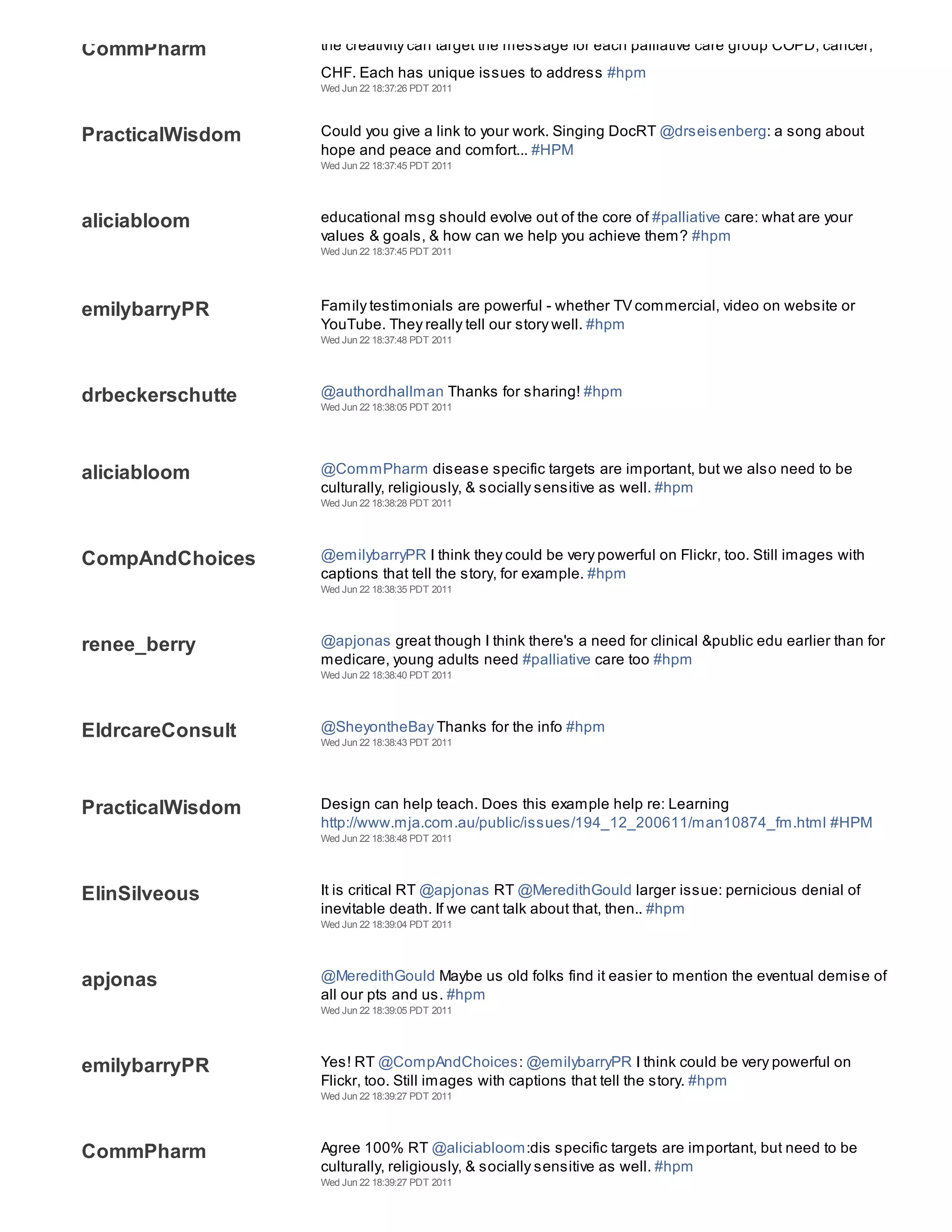CommPharm         the creativity can target the message for each palliative care group COPD, cancer,
                  CHF. Each has unique issues to address #hpm
                  Wed Jun 22 18:37:26 PDT 2011



PracticalWisdom   Could you give a link to your work. Singing DocRT @drseisenberg: a song about
                  hope and peace and comfort... #HPM
                  Wed Jun 22 18:37:45 PDT 2011




aliciabloom       educational msg should evolve out of the core of #palliative care: what are your
                  values & goals, & how can we help you achieve them? #hpm
                  Wed Jun 22 18:37:45 PDT 2011




emilybarryPR      Family testimonials are powerful - whether TV commercial, video on website or
                  YouTube. They really tell our story well. #hpm
                  Wed Jun 22 18:37:48 PDT 2011




drbeckerschutte   @authordhallman Thanks for sharing! #hpm
                  Wed Jun 22 18:38:05 PDT 2011




aliciabloom       @CommPharm disease specific targets are important, but we also need to be
                  culturally, religiously, & socially sensitive as well. #hpm
                  Wed Jun 22 18:38:28 PDT 2011




CompAndChoices    @emilybarryPR I think they could be very powerful on Flickr, too. Still images with
                  captions that tell the story, for example. #hpm
                  Wed Jun 22 18:38:35 PDT 2011




renee_berry       @apjonas great though I think there's a need for clinical &public edu earlier than for
                  medicare, young adults need #palliative care too #hpm
                  Wed Jun 22 18:38:40 PDT 2011




EldrcareConsult   @SheyontheBay Thanks for the info #hpm
                  Wed Jun 22 18:38:43 PDT 2011




PracticalWisdom   Design can help teach. Does this example help re: Learning
                  http://www.mja.com.au/public/issues/194_12_200611/man10874_fm.html #HPM
                  Wed Jun 22 18:38:48 PDT 2011




ElinSilveous      It is critical RT @apjonas RT @MeredithGould larger issue: pernicious denial of
                  inevitable death. If we cant talk about that, then.. #hpm
                  Wed Jun 22 18:39:04 PDT 2011




apjonas           @MeredithGould Maybe us old folks find it easier to mention the eventual demise of
                  all our pts and us. #hpm
                  Wed Jun 22 18:39:05 PDT 2011




emilybarryPR      Yes! RT @CompAndChoices: @emilybarryPR I think could be very powerful on
                  Flickr, too. Still images with captions that tell the story. #hpm
                  Wed Jun 22 18:39:27 PDT 2011




CommPharm         Agree 100% RT @aliciabloom:dis specific targets are important, but need to be
                  culturally, religiously, & socially sensitive as well. #hpm
                  Wed Jun 22 18:39:27 PDT 2011
 