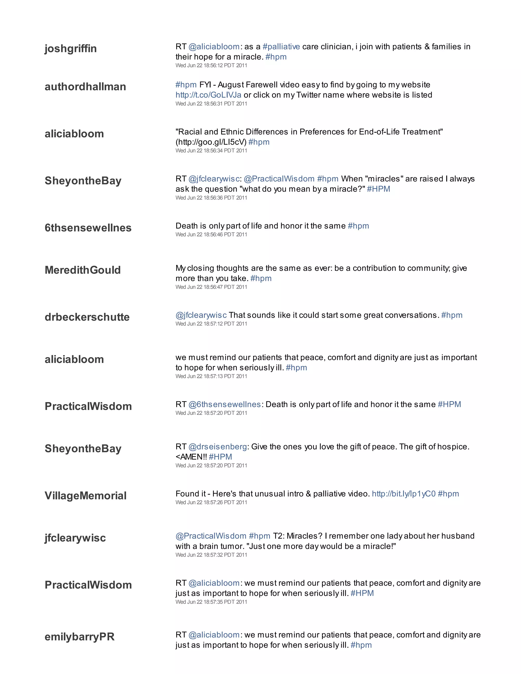 joshgriffin       RT @aliciabloom: as a #palliative care clinician, i join with patients & families in
                  their hope for a miracle. #hpm
                  Wed Jun 22 18:56:12 PDT 2011



authordhallman    #hpm FYI - August Farewell video easy to find by going to my website
                  http://t.co/GoLIVJa or click on my Twitter name where website is listed
                  Wed Jun 22 18:56:31 PDT 2011




aliciabloom       "Racial and Ethnic Differences in Preferences for End-of-Life Treatment"
                  (http://goo.gl/Ll5cV) #hpm
                  Wed Jun 22 18:56:34 PDT 2011




SheyontheBay      RT @jfclearywisc: @PracticalWisdom #hpm When "miracles" are raised I always
                  ask the question "what do you mean by a miracle?" #HPM
                  Wed Jun 22 18:56:36 PDT 2011




6thsensewellnes   Death is only part of life and honor it the same #hpm
                  Wed Jun 22 18:56:46 PDT 2011




MeredithGould     My closing thoughts are the same as ever: be a contribution to community; give
                  more than you take. #hpm
                  Wed Jun 22 18:56:47 PDT 2011




drbeckerschutte   @jfclearywisc That sounds like it could start some great conversations. #hpm
                  Wed Jun 22 18:57:12 PDT 2011




aliciabloom       we must remind our patients that peace, comfort and dignity are just as important
                  to hope for when seriously ill. #hpm
                  Wed Jun 22 18:57:13 PDT 2011




PracticalWisdom   RT @6thsensewellnes: Death is only part of life and honor it the same #HPM
                  Wed Jun 22 18:57:20 PDT 2011




SheyontheBay      RT @drseisenberg: Give the ones you love the gift of peace. The gift of hospice.
                  <AMEN!! #HPM
                  Wed Jun 22 18:57:20 PDT 2011




VillageMemorial   Found it - Here's that unusual intro & palliative video. http://bit.ly/lp1yC0 #hpm
                  Wed Jun 22 18:57:26 PDT 2011




jfclearywisc      @PracticalWisdom #hpm T2: Miracles? I remember one lady about her husband
                  with a brain tumor. "Just one more day would be a miracle!"
                  Wed Jun 22 18:57:32 PDT 2011




PracticalWisdom   RT @aliciabloom: we must remind our patients that peace, comfort and dignity are
                  just as important to hope for when seriously ill. #HPM
                  Wed Jun 22 18:57:35 PDT 2011




emilybarryPR      RT @aliciabloom: we must remind our patients that peace, comfort and dignity are
                  just as important to hope for when seriously ill. #hpm
 