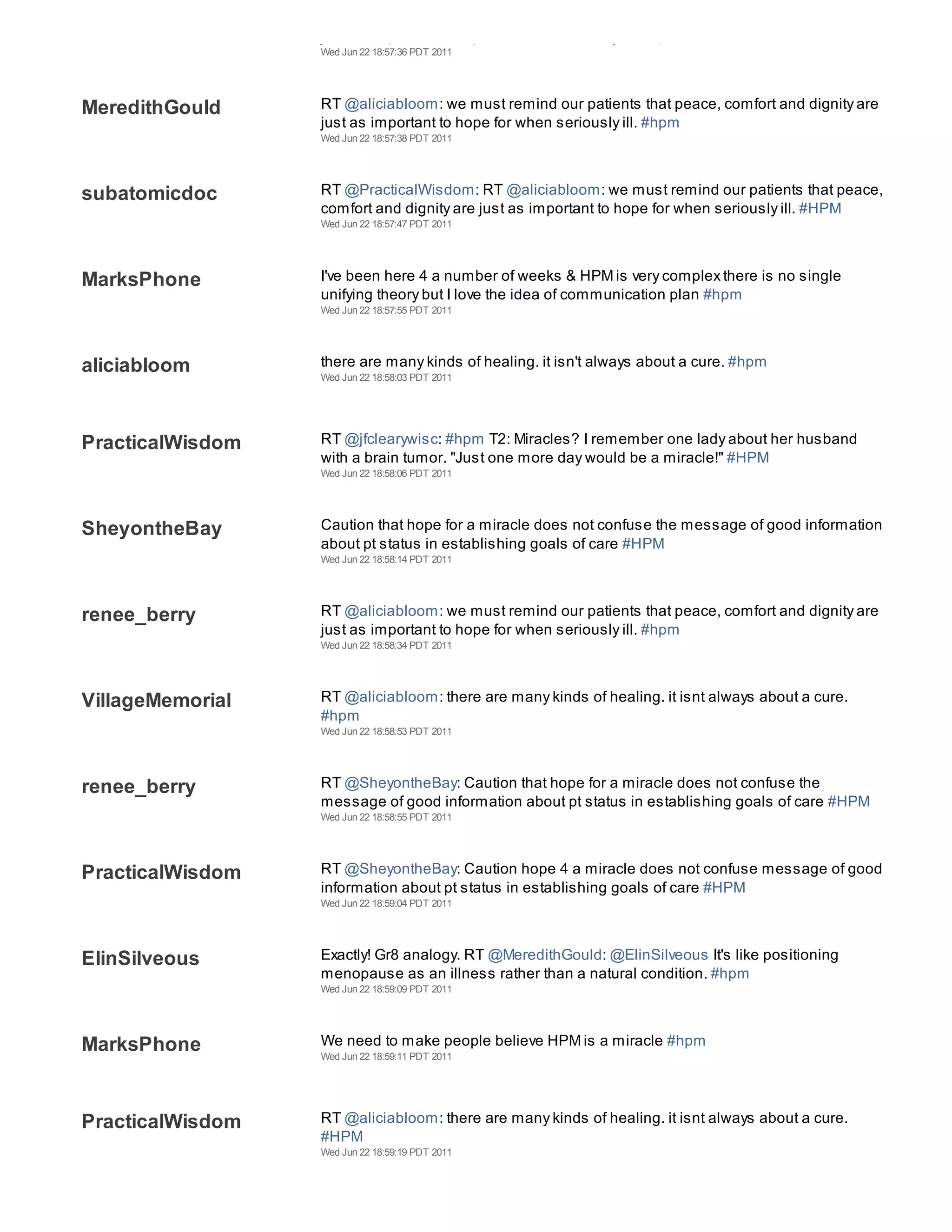 just as important to hope for when seriously ill. #hpm
                  Wed Jun 22 18:57:36 PDT 2011




MeredithGould     RT @aliciabloom: we must remind our patients that peace, comfort and dignity are
                  just as important to hope for when seriously ill. #hpm
                  Wed Jun 22 18:57:38 PDT 2011




subatomicdoc      RT @PracticalWisdom: RT @aliciabloom: we must remind our patients that peace,
                  comfort and dignity are just as important to hope for when seriously ill. #HPM
                  Wed Jun 22 18:57:47 PDT 2011




MarksPhone        I've been here 4 a number of weeks & HPM is very complex there is no single
                  unifying theory but I love the idea of communication plan #hpm
                  Wed Jun 22 18:57:55 PDT 2011




aliciabloom       there are many kinds of healing. it isn't always about a cure. #hpm
                  Wed Jun 22 18:58:03 PDT 2011




PracticalWisdom   RT @jfclearywisc: #hpm T2: Miracles? I remember one lady about her husband
                  with a brain tumor. "Just one more day would be a miracle!" #HPM
                  Wed Jun 22 18:58:06 PDT 2011




SheyontheBay      Caution that hope for a miracle does not confuse the message of good information
                  about pt status in establishing goals of care #HPM
                  Wed Jun 22 18:58:14 PDT 2011




renee_berry       RT @aliciabloom: we must remind our patients that peace, comfort and dignity are
                  just as important to hope for when seriously ill. #hpm
                  Wed Jun 22 18:58:34 PDT 2011




VillageMemorial   RT @aliciabloom: there are many kinds of healing. it isnt always about a cure.
                  #hpm
                  Wed Jun 22 18:58:53 PDT 2011




renee_berry       RT @SheyontheBay: Caution that hope for a miracle does not confuse the
                  message of good information about pt status in establishing goals of care #HPM
                  Wed Jun 22 18:58:55 PDT 2011




PracticalWisdom   RT @SheyontheBay: Caution hope 4 a miracle does not confuse message of good
                  information about pt status in establishing goals of care #HPM
                  Wed Jun 22 18:59:04 PDT 2011




ElinSilveous      Exactly! Gr8 analogy. RT @MeredithGould: @ElinSilveous It's like positioning
                  menopause as an illness rather than a natural condition. #hpm
                  Wed Jun 22 18:59:09 PDT 2011




MarksPhone        We need to make people believe HPM is a miracle #hpm
                  Wed Jun 22 18:59:11 PDT 2011




PracticalWisdom   RT @aliciabloom: there are many kinds of healing. it isnt always about a cure.
                  #HPM
                  Wed Jun 22 18:59:19 PDT 2011
 