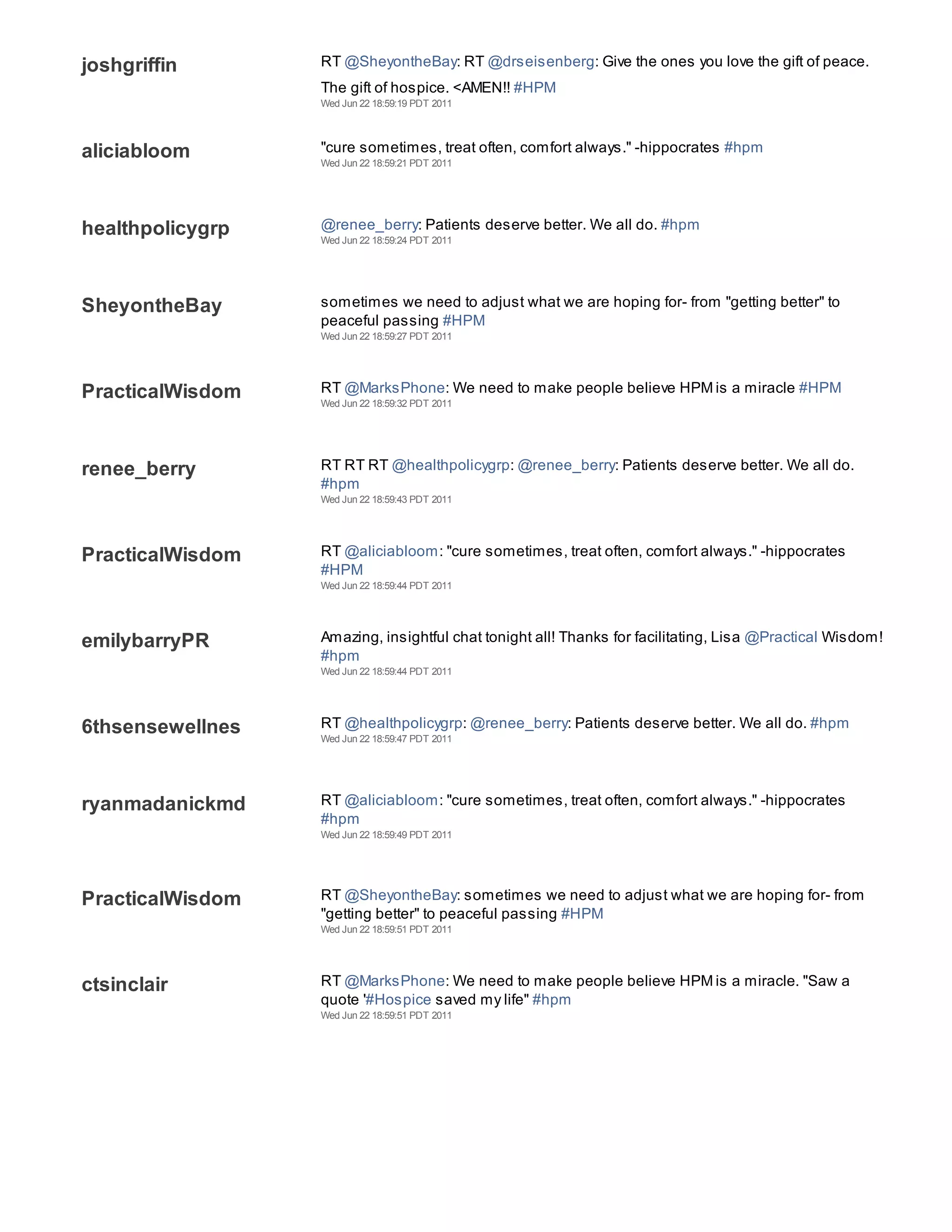 joshgriffin       RT @SheyontheBay: RT @drseisenberg: Give the ones you love the gift of peace.
                  The gift of hospice. <AMEN!! #HPM
                  Wed Jun 22 18:59:19 PDT 2011




aliciabloom       "cure sometimes, treat often, comfort always." -hippocrates #hpm
                  Wed Jun 22 18:59:21 PDT 2011




healthpolicygrp   @renee_berry: Patients deserve better. We all do. #hpm
                  Wed Jun 22 18:59:24 PDT 2011




SheyontheBay      sometimes we need to adjust what we are hoping for- from "getting better" to
                  peaceful passing #HPM
                  Wed Jun 22 18:59:27 PDT 2011




PracticalWisdom   RT @MarksPhone: We need to make people believe HPM is a miracle #HPM
                  Wed Jun 22 18:59:32 PDT 2011




renee_berry       RT RT RT @healthpolicygrp: @renee_berry: Patients deserve better. We all do.
                  #hpm
                  Wed Jun 22 18:59:43 PDT 2011




PracticalWisdom   RT @aliciabloom: "cure sometimes, treat often, comfort always." -hippocrates
                  #HPM
                  Wed Jun 22 18:59:44 PDT 2011




emilybarryPR      Amazing, insightful chat tonight all! Thanks for facilitating, Lisa @Practical Wisdom!
                  #hpm
                  Wed Jun 22 18:59:44 PDT 2011




6thsensewellnes   RT @healthpolicygrp: @renee_berry: Patients deserve better. We all do. #hpm
                  Wed Jun 22 18:59:47 PDT 2011




ryanmadanickmd    RT @aliciabloom: "cure sometimes, treat often, comfort always." -hippocrates
                  #hpm
                  Wed Jun 22 18:59:49 PDT 2011




PracticalWisdom   RT @SheyontheBay: sometimes we need to adjust what we are hoping for- from
                  "getting better" to peaceful passing #HPM
                  Wed Jun 22 18:59:51 PDT 2011




ctsinclair        RT @MarksPhone: We need to make people believe HPM is a miracle. "Saw a
                  quote '#Hospice saved my life" #hpm
                  Wed Jun 22 18:59:51 PDT 2011
 