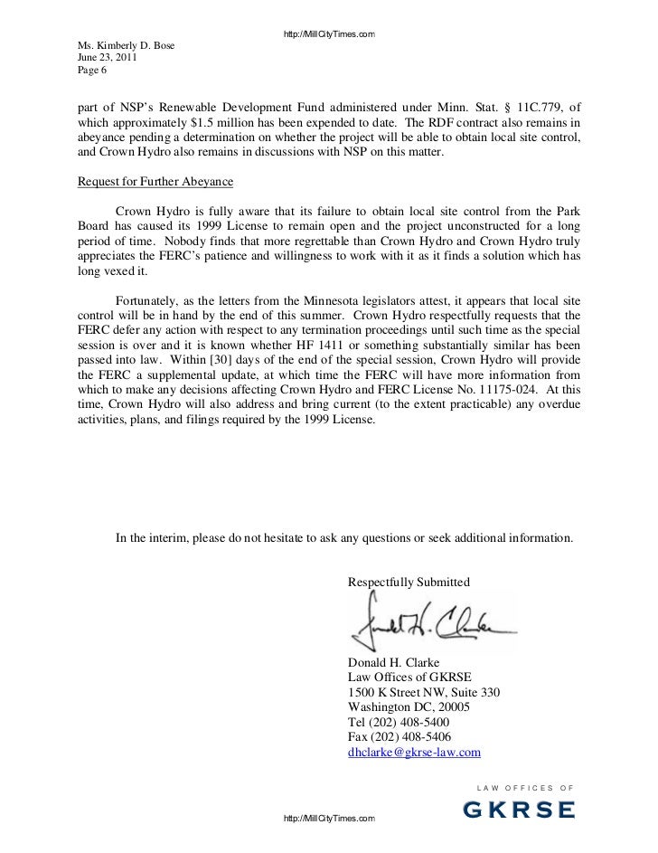 cancellation reply letter sle crown hydro response to ferc termination letter cancellation reply letter sle crown hydro response to ferc termination letter