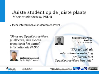 Meer internationale studenten en PhD’s Meer studenten & PhD’s Juiste student op de juiste plaats Watermanagement Dr. Ir. J.Q.J.C. Verberk “ Sinds we OpenCourseWare publiceren, zien we een toename in het aantal internationale PhD’s” “ EPA wil zich als internationale opleiding profileren. Met OpenCourseWare kan dat! ” Engineering & Policy Analysis Dr. Ir. B. Enserink 