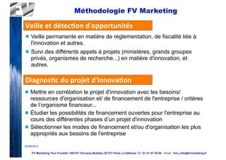 Méthodologie FV Marketing

Veille	
  et	
  détec2on	
  d'opportunités
n   Veille permanente en matière de réglementation, de fiscalité liée à
     l'innovation et autres.
n   Suivi des différents appels à projets (ministères, grands groupes
     privés, organismes de recherche...) en matière d'innovation, et
     autres.

Diagnos2c	
  du	
  projet	
  d'innova2on
n   Mettre en corrélation le projet d'innovation avec les besoins/
     ressources d'organisation et/ de financement de l'entreprise / critères
     de l’organisme financeur...
n   Étudier les possibilités de financement ouvertes pour l'entreprise au
     cours des différentes phases d’un projet d'innovation
n   Sélectionner les modes de financement et/ou d'organisation les plus
     appropriés aux besoins de l'entreprise

25/06/2011

     FV Marketing Tour Franklin 100/101 Terrasse Boildieu 92 911 Paris La Défense Tél. 01 41 97 02 60 Email : fvm_info@fvmarketing.fr
 